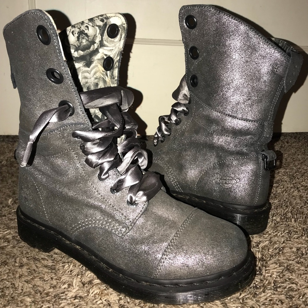 Silver Dr Marten Aimilie Boots W/ Ribbon Laces, 10